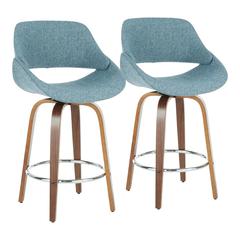 Walnut Wood, Blue Fabric, Chrome Fabrico Counter Stool - Set of 2