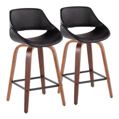 Walnut Wood, Black PU, Black Steel Fabrico Fixed-Height Counter Stool - Set of 2