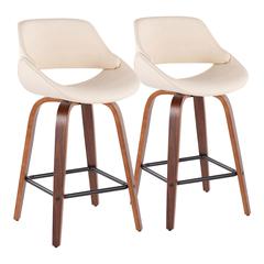 Walnut Wood, Cream PU, Black Steel Fabrico Fixed-Height Counter Stool - Set of 2
