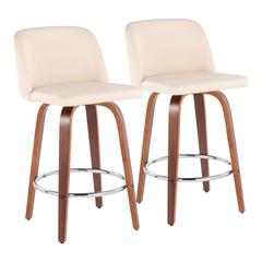 Walnut Wood, Cream PU, Chrome Toriano Fixed-Height Counter Stool - Set of 2