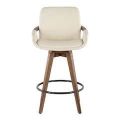 Mid-Century Counter Stool in Walnut and Cream Faux Leather with Armrests