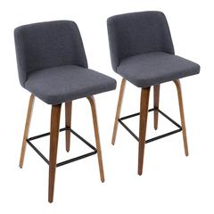 Walnut Wood, Blue Fabric, Black Metal Toriano Counter Stool - Set of 2