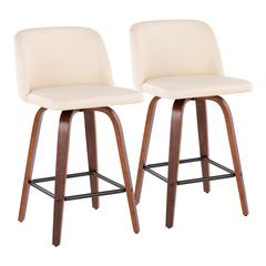 Walnut Wood, Cream PU, Black Steel Toriano Fixed-Height Counter Stool - Set of 2