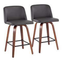 Walnut Wood, Grey PU, Black Steel Toriano Fixed-Height Counter Stool - Set of 2