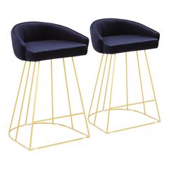 Gold Metal, Blue Velvet Canary Counter Stool - Set of 2