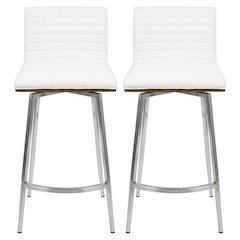 Stainless Steel and Walnut Counter Stool with White Faux Leather Cover, Set of 2