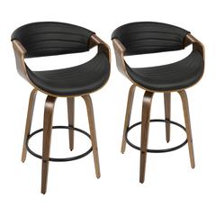 Walnut Wood, Black PU, Black Metal Symphony Counter Stool - Set of 2