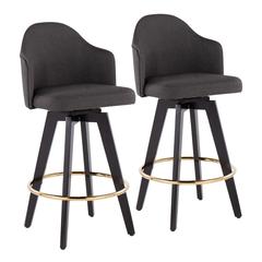Black Wood, Gold Metal, Charcoal Fabric Ahoy 26" Counter Stool - Set of 2