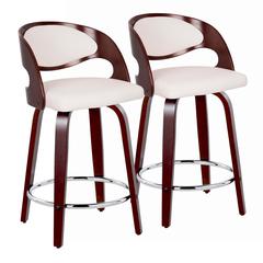 Cherry Wood, White PU, Chrome Metal Pino 24" Fixed-Height Barstool - Set of 2