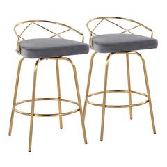 Gold Metal, Grey Velvet Charlotte Glam 26" Fixed-Height Counter Stool - Set of 2