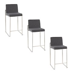 Fuji High Back 26" Fixed-Height Counter Stool - Set of 3 in Stainless Steel