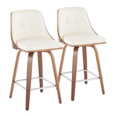 Walnut Wood, Chrome Metal, Cream PU Gianna Fixed-Height Counter Stool - Set of 2