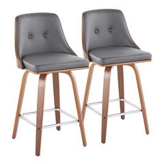Walnut Wood, Chrome Metal, Grey PU Gianna Fixed-Height Counter Stool - Set of 2