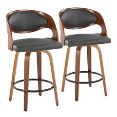 Walnut Wood, Grey PU Pino 26" Fixed-Height Counter Stool - Set of 2