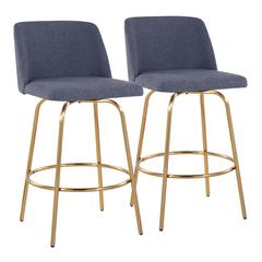 Blue Fabric, Gold Metal Toriano 26" Fixed-Height Counter Stool - Set of 2