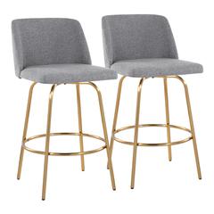 Grey Fabric, Gold Metal Toriano 26" Fixed-Height Counter Stool - Set of 2