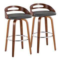 Walnut Wood, Grey PU, Chrome Metal Cassis 30" Fixed-Height Barstool - Set of 2