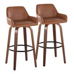 Walnut Wood, Black Metal, Camel PU Daniella 30" Fixed-Height Barstool - Set of 2