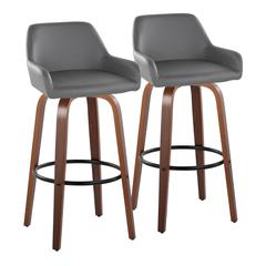 Walnut Wood, Black Metal, Grey PU Daniella 30" Fixed-Height Barstool - Set of 2