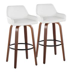 Walnut Wood, Black Metal, White PU Daniella 30" Fixed-Height Barstool - Set of 2