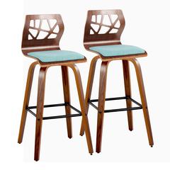 Black Metal, Walnut Wood, Teal Fabric Folia 30" Fixed-Height Barstool - Set of 2