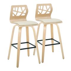 Black Metal, Natural Wood, Cream PU Folia 30" Fixed-Height Barstool - Set of 2