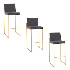Fuji High Back 30" Fixed-Height Barstool - Set of 3 in Gold Steel
