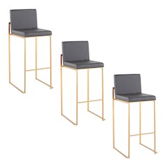 Fuji High Back 30" Fixed-Height Barstool - Set of 3 in Gold Steel, Grey PU color