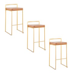 Fuji Stacker 30" Fixed-Height Barstool - Set of 3 in Gold Steel, Camel PU color