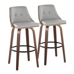 Walnut Wood, Light Grey PU, Black Metal Gianna Fixed-Height Barstool - Set of 2