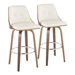 Walnut Wood, Chrome Metal, Cream PU Gianna Fixed-Height Barstool - Set of 2