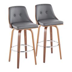 Walnut Wood, Chrome Metal, Grey PU Gianna Fixed-Height Barstool - Set of 2