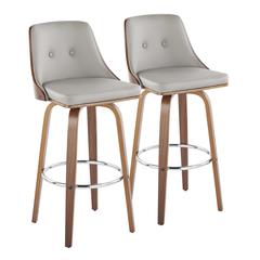Walnut Wood, Chrome Metal, Light Grey PU Gianna Fixed-Height Barstool - Set of 2