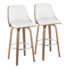Walnut Wood, Chrome Metal, White PU Gianna Fixed-Height Barstool - Set of 2