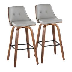 Walnut Wood, Light Grey PU, Black Metal Gianna Fixed-Height Barstool - Set of 2