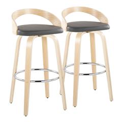 Natural Wood, Grey PU, Chrome Metal Grotto 30" Fixed-Height Barstool - Set of 2