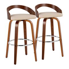 Walnut Wood, Chrome Metal, Cream PU Grotto 30" Fixed-Height Barstool - Set of 2