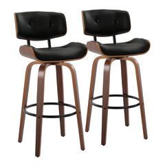 Walnut Wood, Black Metal, Black PU Lombardi 30" Fixed-Height Barstool - Set of 2