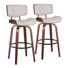 Walnut Wood, Black Metal, Cream PU Lombardi 30" Fixed-Height Barstool - Set of 2