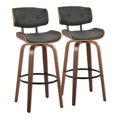 Walnut Wood, Black Metal, Grey PU Lombardi 30" Fixed-Height Barstool - Set of 2
