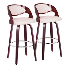 Cherry Wood, White PU, Chrome Metal Pino 30" Fixed-Height Barstool - Set of 2
