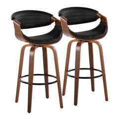 Black Metal, Walnut Wood, Black PU Symphony 30" Fixed-Height Barstool - Set of 2