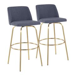 Blue Fabric, Gold Metal Toriano 30" Fixed-Height Barstool - Set of 2