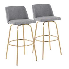 Grey Fabric, Gold Metal Toriano 30" Fixed-Height Barstool - Set of 2