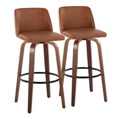 Walnut Wood, Camel PU, Black Metal Toriano 30" Fixed-Height Barstool - Set of 2