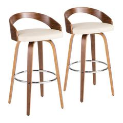 Walnut Wood, Cream PU, Black Metal Toriano 30" Fixed Height Barstool - Set of 2