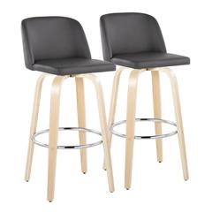 Natural Wood, Grey PU, Chrome Metal Toriano 30" Fixed-Height Barstool - Set of 2
