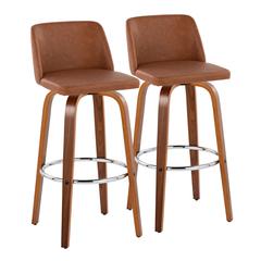 Walnut Wood, Camel PU, Chrome Metal Toriano 30" Fixed-Height Barstool - Set of 2