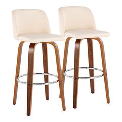 Walnut Wood, Cream PU, Chrome Metal Toriano 30" Fixed-Height Barstool - Set of 2