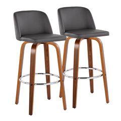Walnut Wood, Grey PU, Chrome Metal Toriano 30" Fixed-Height Barstool - Set of 2